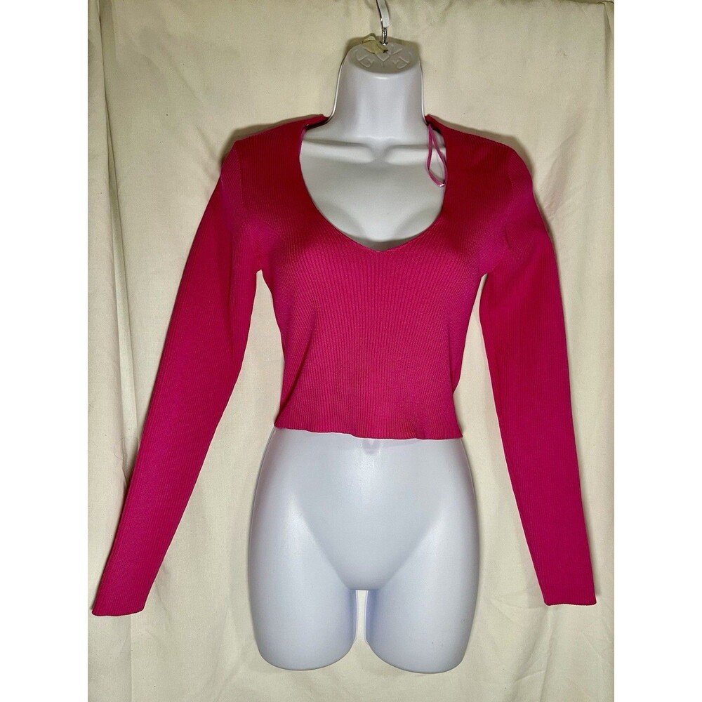 Happily Grey Hot Pink Ribbed V-Neck Crop Sweater - Size Large